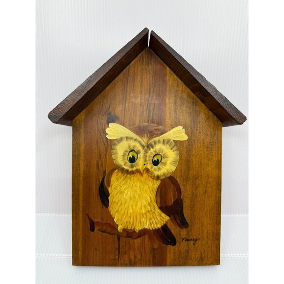 Handcrafted Other - Vintage Artist Signed Hand Painted Owl House Wood Oval‎ Plaque 7"x10 1/2" Retro
